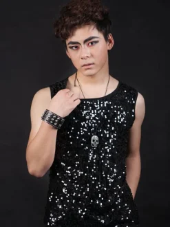 Jazz Dance Costume Hommes Argent Gilet Sequin Glitter Hip Hop Danse Porter Déguisements Halloween