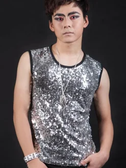 Jazz Dance Costume Hommes Argent Gilet Sequin Glitter Hip Hop Danse Porter Déguisements Halloween