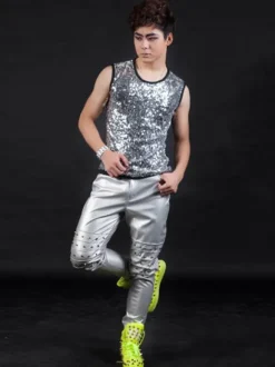 Jazz Dance Costume Hommes Argent Gilet Sequin Glitter Hip Hop Danse Porter Déguisements Halloween