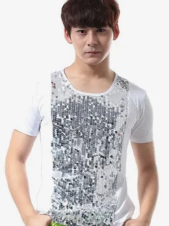Jazz Dance Costume Hommes Sequin Glitter T Shirt À Manches Courtes Hip Hop Danse Porter Déguisements Halloween