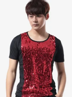 Jazz Dance Costume Hommes Sequin Glitter T Shirt À Manches Courtes Hip Hop Danse Porter Déguisements Halloween