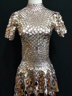 Jazz Dance Costume Robes Femmes Argent Sequin À Manches Courtes Discothèque Usure Déguisements Halloween