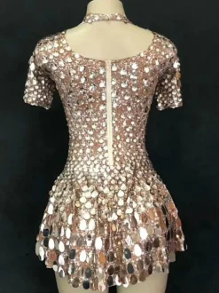 Jazz Dance Costume Robes Femmes Argent Sequin À Manches Courtes Discothèque Usure Déguisements Halloween