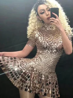 Jazz Dance Costume Robes Femmes Argent Sequin À Manches Courtes Discothèque Usure Déguisements Halloween