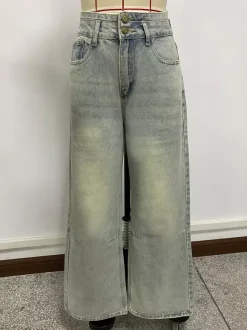 Jean baggy taille haute pour femme - Pantalon en denim délavé bleu clair effet usé jambes larges - Festival de musique de printemps 2026