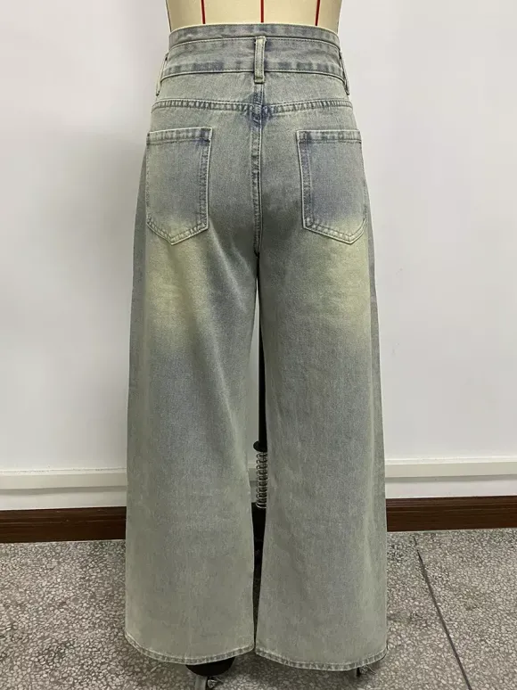 Jean baggy taille haute pour femme - Pantalon en denim délavé bleu clair effet usé jambes larges - Festival de musique de printemps 2026