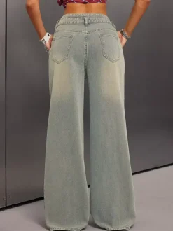Jean baggy taille haute pour femme - Pantalon en denim délavé bleu clair effet usé jambes larges - Festival de musique de printemps 2026