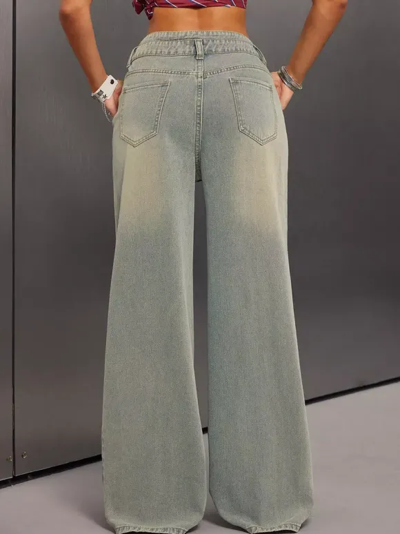 Jean baggy taille haute pour femme - Pantalon en denim délavé bleu clair effet usé jambes larges - Festival de musique de printemps 2026