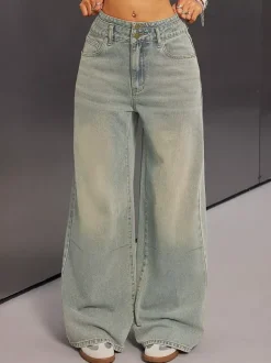 Jean baggy taille haute pour femme - Pantalon en denim délavé bleu clair effet usé jambes larges - Festival de musique de printemps 2026