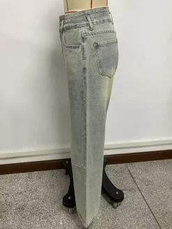 Jean baggy taille haute pour femme - Pantalon en denim délavé bleu clair effet usé jambes larges - Festival de musique de printemps 2026