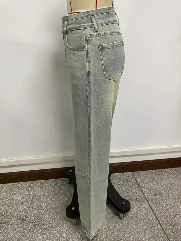 Jean baggy taille haute pour femme - Pantalon en denim délavé bleu clair effet usé jambes larges - Festival de musique de printemps 2026