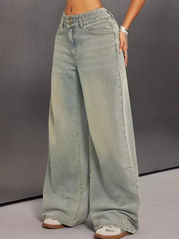 Jean baggy taille haute pour femme - Pantalon en denim délavé bleu clair effet usé jambes larges - Festival de musique de printemps 2026