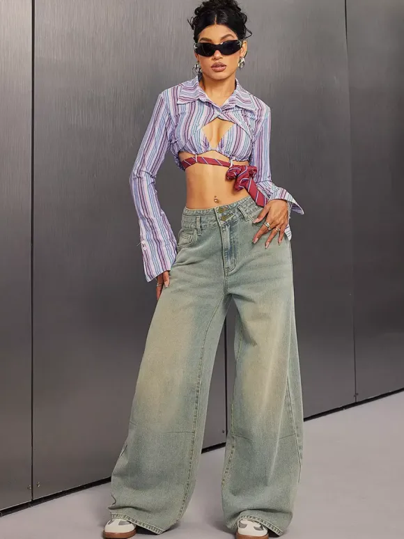 Jean baggy taille haute pour femme - Pantalon en denim délavé bleu clair effet usé jambes larges - Festival de musique de printemps 2026