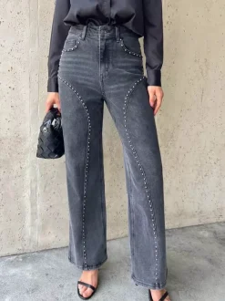 Jean droit clouté pour femme - Délavage moyen détail rivets rétro jambes larges - Mode printemps-été 2026