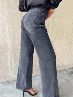 Jean droit clouté pour femme - Délavage moyen détail rivets rétro jambes larges - Mode printemps-été 2026