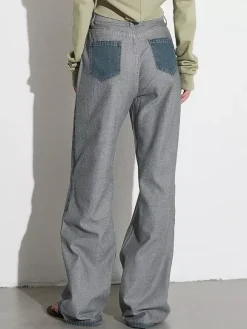 Jean femme élégant taille haute en denim bicolore