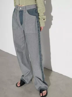 Jean femme élégant taille haute en denim bicolore