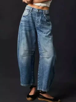 Jean Horseshoe Barrel pour femme - Pantalon en denim délavé ample à jambes larges et coutures incurvées - Streetwear printemps 2026