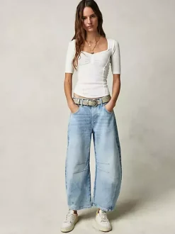 Jean Horseshoe Barrel pour femme - Pantalon en denim délavé ample à jambes larges et coutures incurvées - Streetwear printemps 2026
