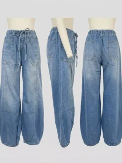 Jean Horseshoe Barrel Washed pour femme - Pantalon bouffant décontracté à taille nouée et coutures avant - Collection printemps streetwear 2026