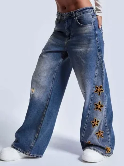 Jean large à fleurs découpées pour femme - Délavage moyen style vintage Y2K - Streetwear du festival de printemps 2026