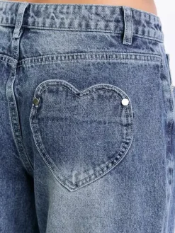 Jean large à poches en forme de c艙ur pour femme - Jean bleu délavé style années 2000 - Pantalon baggy droit - Streetwear printanier tendance 2026