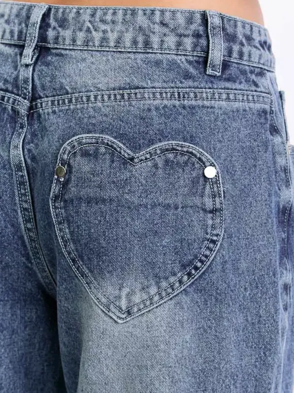 Jean large à poches en forme de c艙ur pour femme - Jean bleu délavé style années 2000 - Pantalon baggy droit - Streetwear printanier tendance 2026