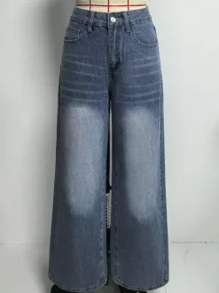 Jean large à poches en forme de c艙ur pour femme - Jean bleu délavé style années 2000 - Pantalon baggy droit - Streetwear printanier tendance 2026