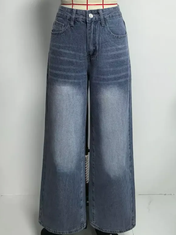 Jean large à poches en forme de c艙ur pour femme - Jean bleu délavé style années 2000 - Pantalon baggy droit - Streetwear printanier tendance 2026