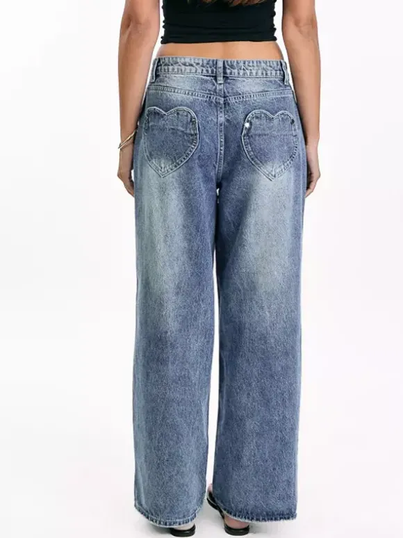 Jean large à poches en forme de c艙ur pour femme - Jean bleu délavé style années 2000 - Pantalon baggy droit - Streetwear printanier tendance 2026