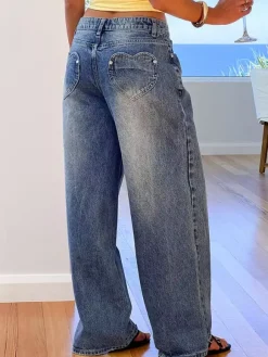Jean large à poches en forme de c艙ur pour femme - Jean bleu délavé style années 2000 - Pantalon baggy droit - Streetwear printanier tendance 2026