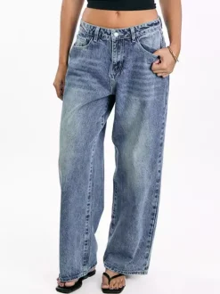 Jean large à poches en forme de c艙ur pour femme - Jean bleu délavé style années 2000 - Pantalon baggy droit - Streetwear printanier tendance 2026