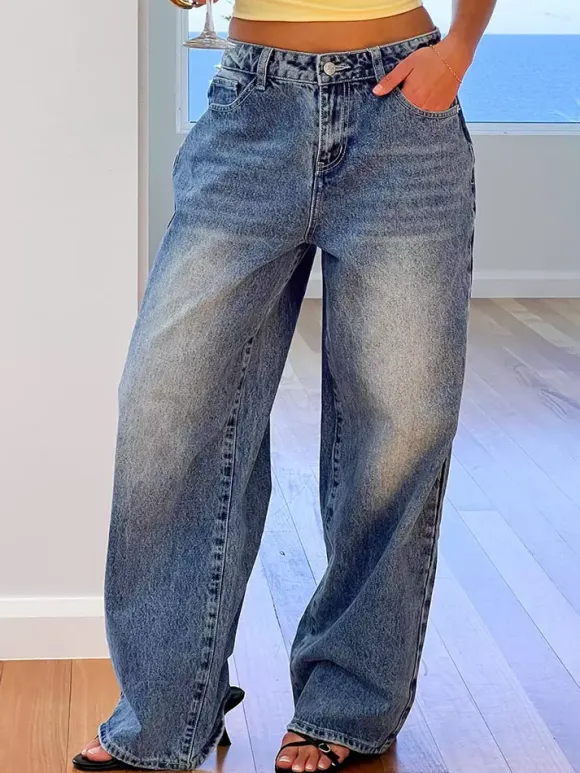 Jean large à poches en forme de c艙ur pour femme - Jean bleu délavé style années 2000 - Pantalon baggy droit - Streetwear printanier tendance 2026