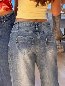 Jean large à poches en forme de c艙ur pour femme - Jean bleu délavé style années 2000 - Pantalon baggy droit - Streetwear printanier tendance 2026