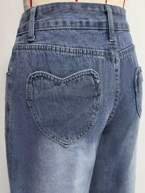 Jean large à poches en forme de c艙ur pour femme - Jean bleu délavé style années 2000 - Pantalon baggy droit - Streetwear printanier tendance 2026