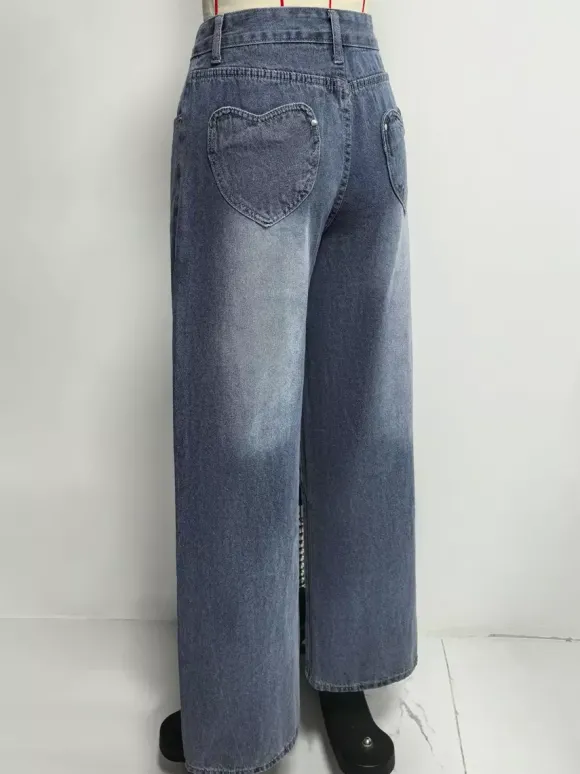 Jean large à poches en forme de c艙ur pour femme - Jean bleu délavé style années 2000 - Pantalon baggy droit - Streetwear printanier tendance 2026