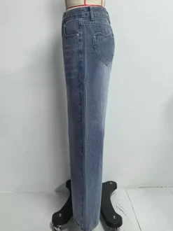 Jean large à poches en forme de c艙ur pour femme - Jean bleu délavé style années 2000 - Pantalon baggy droit - Streetwear printanier tendance 2026
