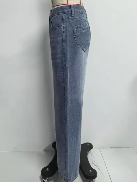 Jean large à poches en forme de c艙ur pour femme - Jean bleu délavé style années 2000 - Pantalon baggy droit - Streetwear printanier tendance 2026