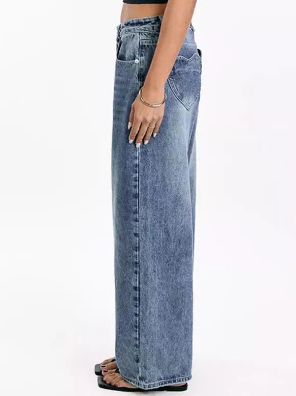 Jean large à poches en forme de c艙ur pour femme - Jean bleu délavé style années 2000 - Pantalon baggy droit - Streetwear printanier tendance 2026