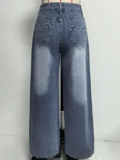 Jean large à poches en forme de c艙ur pour femme - Jean bleu délavé style années 2000 - Pantalon baggy droit - Streetwear printanier tendance 2026