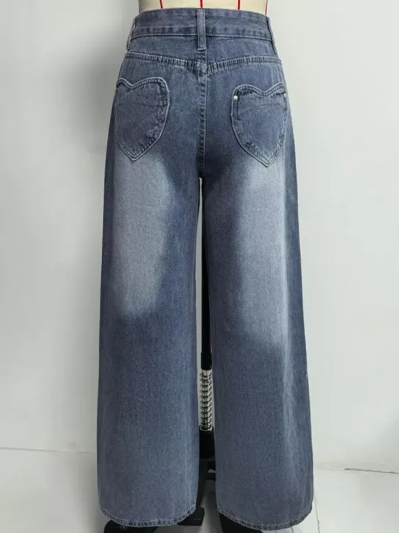 Jean large à poches en forme de c艙ur pour femme - Jean bleu délavé style années 2000 - Pantalon baggy droit - Streetwear printanier tendance 2026