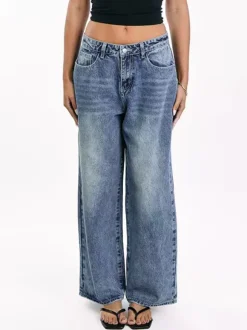 Jean large à poches en forme de c艙ur pour femme - Jean bleu délavé style années 2000 - Pantalon baggy droit - Streetwear printanier tendance 2026