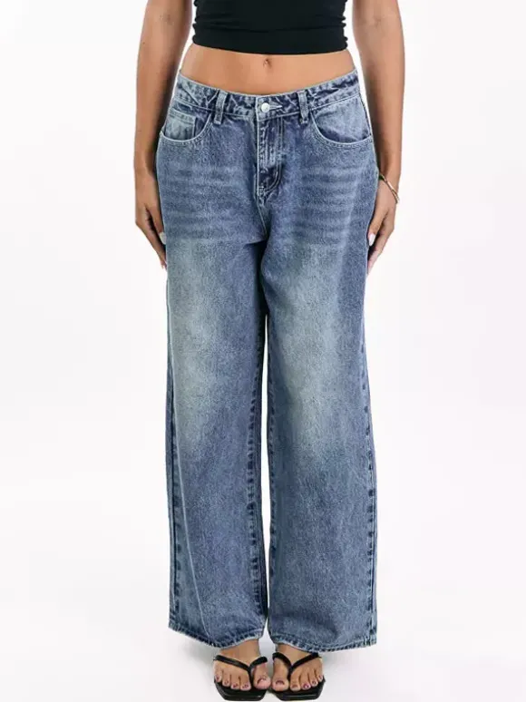 Jean large à poches en forme de c艙ur pour femme - Jean bleu délavé style années 2000 - Pantalon baggy droit - Streetwear printanier tendance 2026