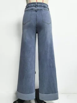 Jean large à revers pour femme - Denim droit bleu style western bohème taille haute coutures sur le devant - Collection printemps 2026