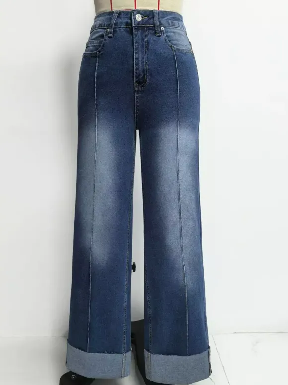 Jean large à revers pour femme - Denim droit bleu style western bohème taille haute coutures sur le devant - Collection printemps 2026