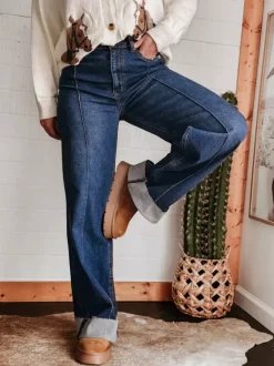 Jean large à revers pour femme - Denim droit bleu style western bohème taille haute coutures sur le devant - Collection printemps 2026