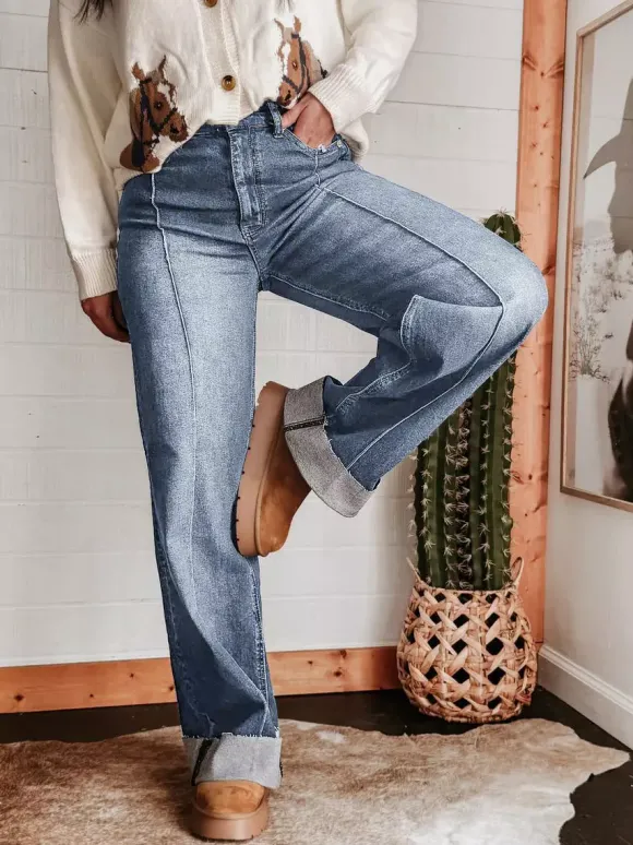 Jean large à revers pour femme - Denim droit bleu style western bohème taille haute coutures sur le devant - Collection printemps 2026