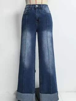 Jean large à revers pour femme - Denim droit bleu style western bohème taille haute coutures sur le devant - Collection printemps 2026