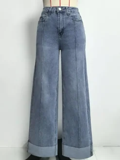Jean large à revers pour femme - Denim droit bleu style western bohème taille haute coutures sur le devant - Collection printemps 2026
