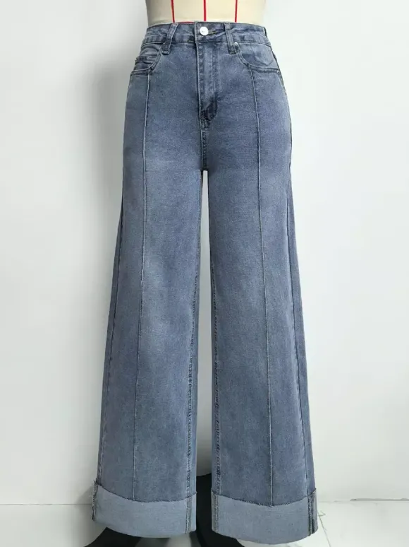 Jean large à revers pour femme - Denim droit bleu style western bohème taille haute coutures sur le devant - Collection printemps 2026